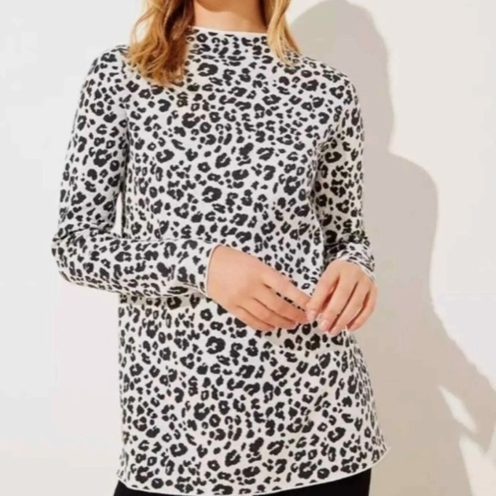 Loft Sweater White Black Leopard Animal Print Long Sleeve High Mock Neck Trendy